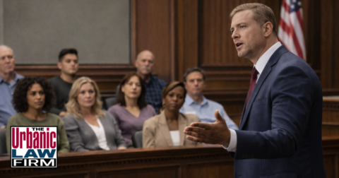 attorney delivering a powerful closing argument to a focused jury in an Oklahoma courtroom, illustrating Oklahoma manslaughter crimes defense and dedicated criminal-defense representation by The Urbanic Law Firm