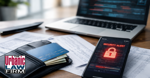 Daytime photograph-style image of a defense attorney at The Urbanic Law Firm reviewing a blue credit card, smartphone, and digital records on a laptop during an Oklahoma payment and cyber crimes investigation, symbolizing focused Oklahoma criminal defense representation.