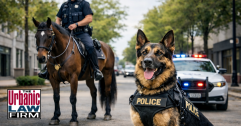 Daytime photograph of an Oklahoma street scene showing a police K-9 handler with a service dog and a criminal-defense attorney from The Urbanic Law Firm standing near a patrol SUV outside a city building, illustrating police animal crimes in Oklahoma and trusted criminal-defense representation.