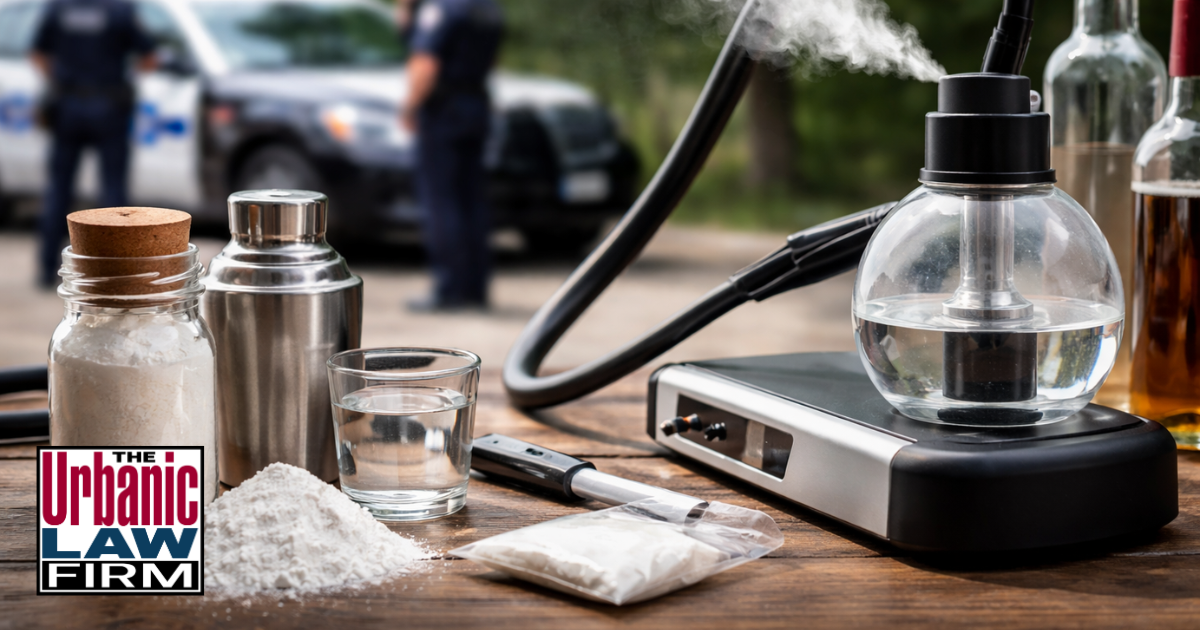 Daytime photograph-style image of powdered alcohol and an alcohol inhalation device during an Oklahoma investigation, highlighting powdered alcohol crimes Oklahoma and criminal defense by The Urbanic Law Firm.