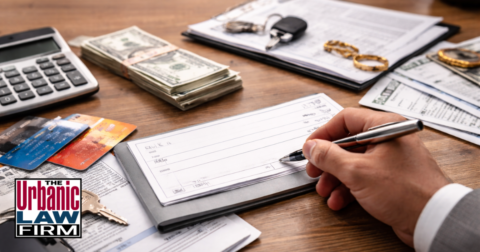 Daytime close-up photograph of financial documents, a check, house keys, and a pen on a wooden desk in an Oklahoma law office, illustrating property and check fraud issues and strong Oklahoma criminal defense representation by The Urbanic Law Firm.