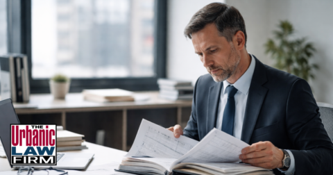 Daytime office scene of a professional reviewing corporate accounting records and documents, representing Oklahoma record falsification defense and Oklahoma criminal defense by The Urbanic Law Firm.