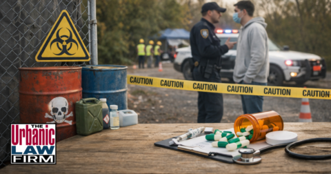 Daytime health and safety investigation scene with hazardous materials, police response, and evidence on a table, representing Oklahoma public health and safety crimes and Oklahoma criminal defense by The Urbanic Law Firm.