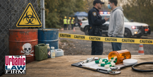 Daytime health and safety investigation scene with hazardous materials, police response, and evidence on a table, representing Oklahoma public health and safety crimes and Oklahoma criminal defense by The Urbanic Law Firm.