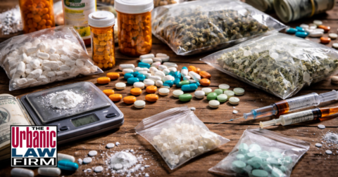 Photo of assorted pills, powders, syringes, prescription bottles, and cash on a table, representing robbery of controlled dangerous substances defense in Oklahoma and Oklahoma criminal defense by The Urbanic Law Firm.