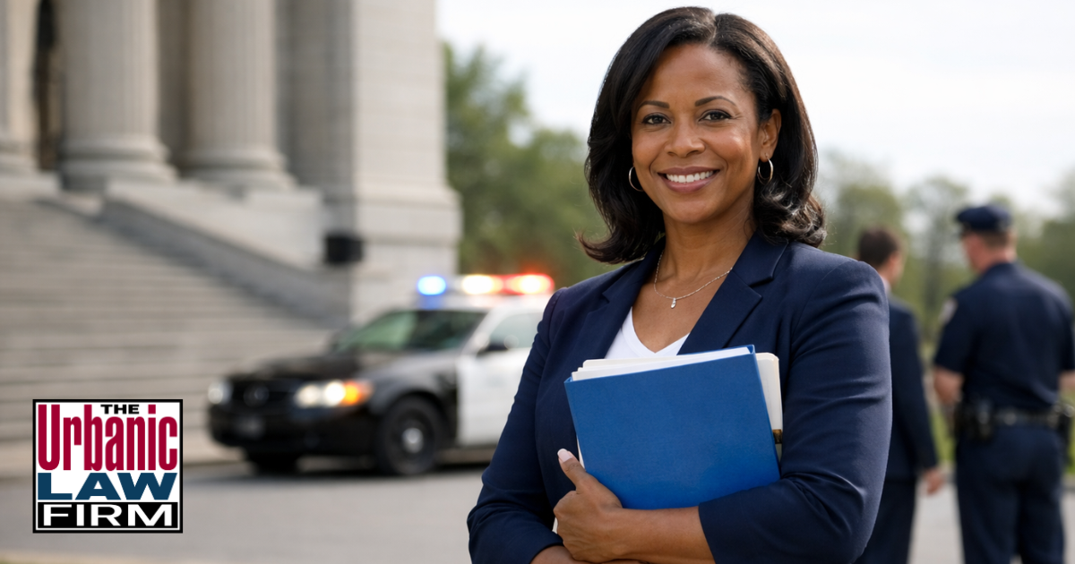 Professional woman outside an Oklahoma courthouse with patrol car in the background, representing robbery with dangerous weapon charges and Oklahoma criminal defense by The Urbanic Law Firm.