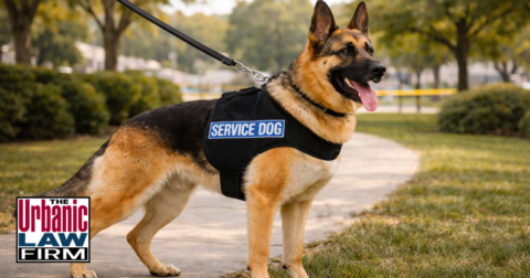 Daytime photograph of a German shepherd service dog wearing a harness near a law-enforcement vehicle on an Oklahoma street, illustrating legal defense for Oklahoma service animal crimes and dedicated criminal defense representation by The Urbanic Law Firm.