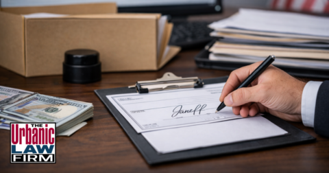 Daytime office scene with a signed financial document, folders, and records, representing Oklahoma signature fraud and Oklahoma criminal defense by The Urbanic Law Firm.