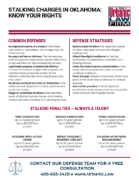 Stalking charges in Oklahoma infographic by The Urbanic Law Firm showing common defenses, defense strategies, felony penalty ranges, and free consultation contact information.