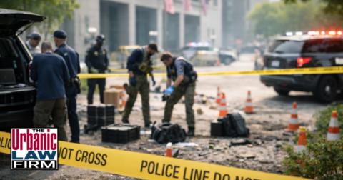 Daytime investigation scene outside a government building with officers, police tape, and evidence markers, representing Oklahoma subversion and terrorism crimes and Oklahoma criminal defense by The Urbanic Law Firm.