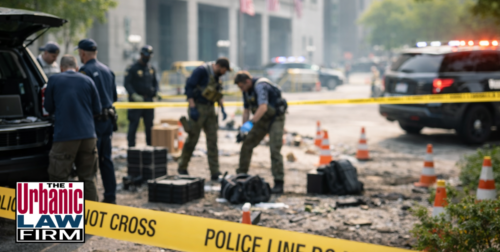 Daytime investigation scene outside a government building with officers, police tape, and evidence markers, representing Oklahoma subversion and terrorism crimes and Oklahoma criminal defense by The Urbanic Law Firm.