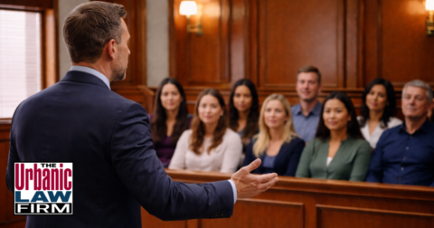 Daytime photograph of an Oklahoma criminal-defense attorney from The Urbanic Law Firm delivering a closing argument to a seated jury in a wood-paneled courtroom, illustrating Oklahoma suicide crimes defense and broader Oklahoma criminal defense representation by The Urbanic Law Firm.