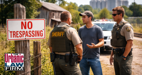 Daytime photograph of an Oklahoma deputy speaking with a man near a fenced rural property line and metal gate, illustrating Oklahoma trespass crimes investigations, property-line disputes, and the criminal-defense representation provided by The Urbanic Law Firm.