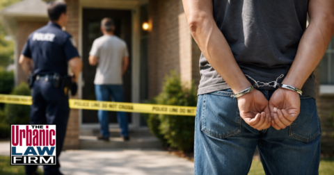 Daytime photograph-style image outside an Oklahoma home showing a homeowner speaking with a criminal-defense attorney from The Urbanic Law Firm near a marked police SUV and officer on the front walk, illustrating unlawful entry investigations and strong Oklahoma criminal defense representation.