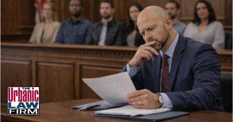 defense attorney reviewing case documents in an Oklahoma courtroom with jurors in the background, representing Oklahoma violence crimes criminal defense by The Urbanic Law Firm.
