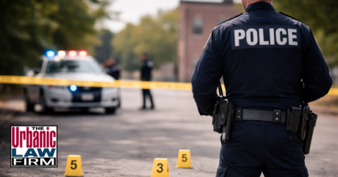 Daytime Oklahoma crime scene with police officer, evidence markers, and patrol car illustrating violent crimes in Oklahoma and Oklahoma criminal defense by The Urbanic Law Firm.