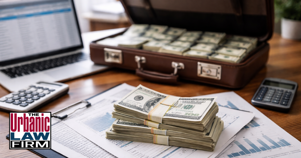 Daytime photo-style image inside an Oklahoma law office showing a conference table with financial records, cash bundles, and a laptop, visually representing unlawful proceeds and money laundering crimes in Oklahoma and reinforcing trusted Oklahoma criminal-defense representation by The Urbanic Law Firm.
