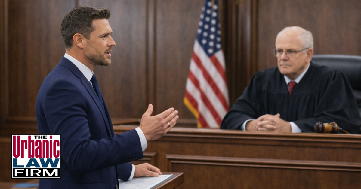 Attorney giving a closing statement to a judge during a victim protective order in Oklahoma hearing, representing Oklahoma criminal defense by The Urbanic Law Firm.