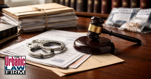 Daytime criminal defense scene with case files, handcuffs, and a courtroom gavel, representing vulnerable adult neglect Oklahoma criminal defense by The Urbanic Law Firm.