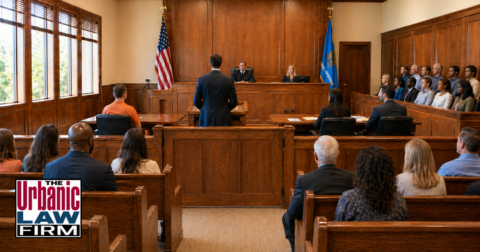 Oklahoma child prostitution control defense courtroom scene showing a criminal defense attorney from The Urbanic Law Firm advocating for a client in a serious criminal case.
