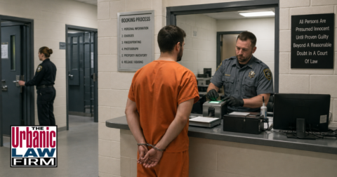 Person arrested in Oklahoma going through the jail booking process with a corrections officer, illustrating criminal defense guidance from The Urbanic Law Firm.