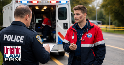 Alt text: Police officer speaking with an injured EMS worker beside an ambulance in daylight, illustrating assault on medical care provider Oklahoma charges and Oklahoma criminal defense by The Urbanic Law Firm.
