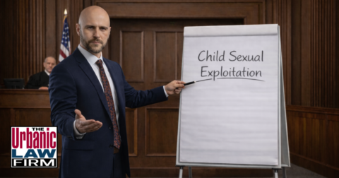 Attorney presenting a child sexual exploitation case theory to a jury in an Oklahoma courtroom, illustrating child sexual exploitation Oklahoma criminal defense representation by The Urbanic Law Firm.