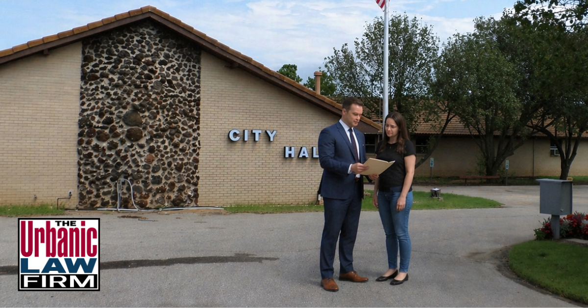 Choctaw Oklahoma municipal court criminal defense lawyers image showing an attorney with a client outside Choctaw City Hall for The Urbanic Law Firm.