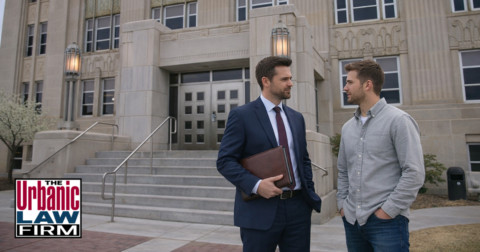 Attorney and client standing outside the Cleveland County courthouse, illustrating Cleveland County criminal defense lawyer services in Oklahoma by The Urbanic Law Firm.