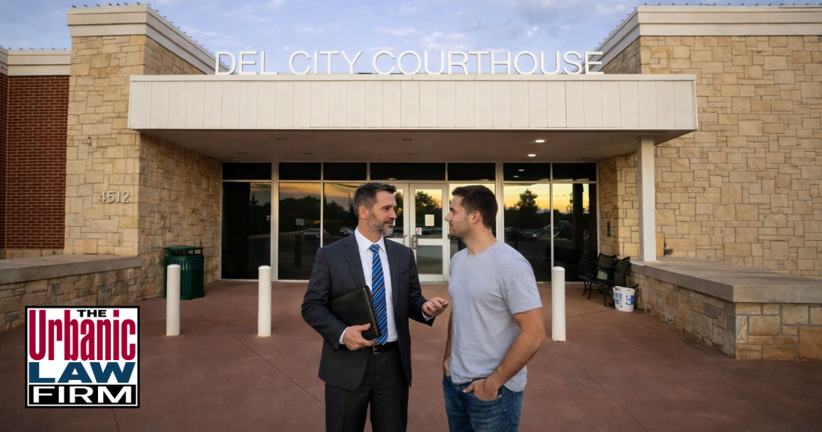 Del City Municipal Court lawyers meeting a client outside the courthouse in Oklahoma, illustrating criminal defense representation by The Urbanic Law Firm.
