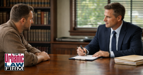 Attorney consulting with a client in an Oklahoma law office, illustrating domestic abuse child presence Oklahoma criminal defense representation by The Urbanic Law Firm.
