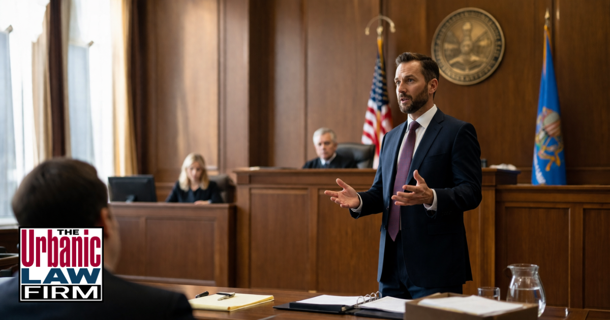 Attorney addressing the court in a daytime Oklahoma courtroom for female genital mutilation Oklahoma criminal defense content by The Urbanic Law Firm.