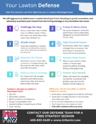 Infographic for Lawton Oklahoma Municipal Court criminal defense lawyers showing how The Urbanic Law Firm fights city charges, including challenging the stop, freezing evidence early, attacking intent, separating chaos, military-aware strategy, protecting your record, common Lawton municipal charges, and steps to take after a citation or arrest.