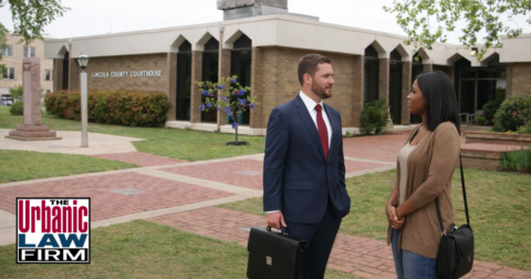 Attorney outside the Lincoln County Courthouse in Oklahoma, illustrating Lincoln County Oklahoma criminal defense lawyers at The Urbanic Law Firm.
