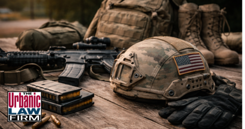 Military gear and equipment arranged outdoors, illustrating a military domestic violence charge topic in Oklahoma criminal defense by The Urbanic Law Firm.