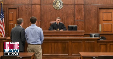 Moore Oklahoma Municipal Court criminal defense lawyers standing with a client before a judge in a courtroom, illustrating Oklahoma criminal defense representation by The Urbanic Law Firm.