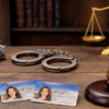 Oklahoma age of consent criminal defense image showing ID cards, handcuffs, folders, and a gavel on a table for The Urbanic Law Firm