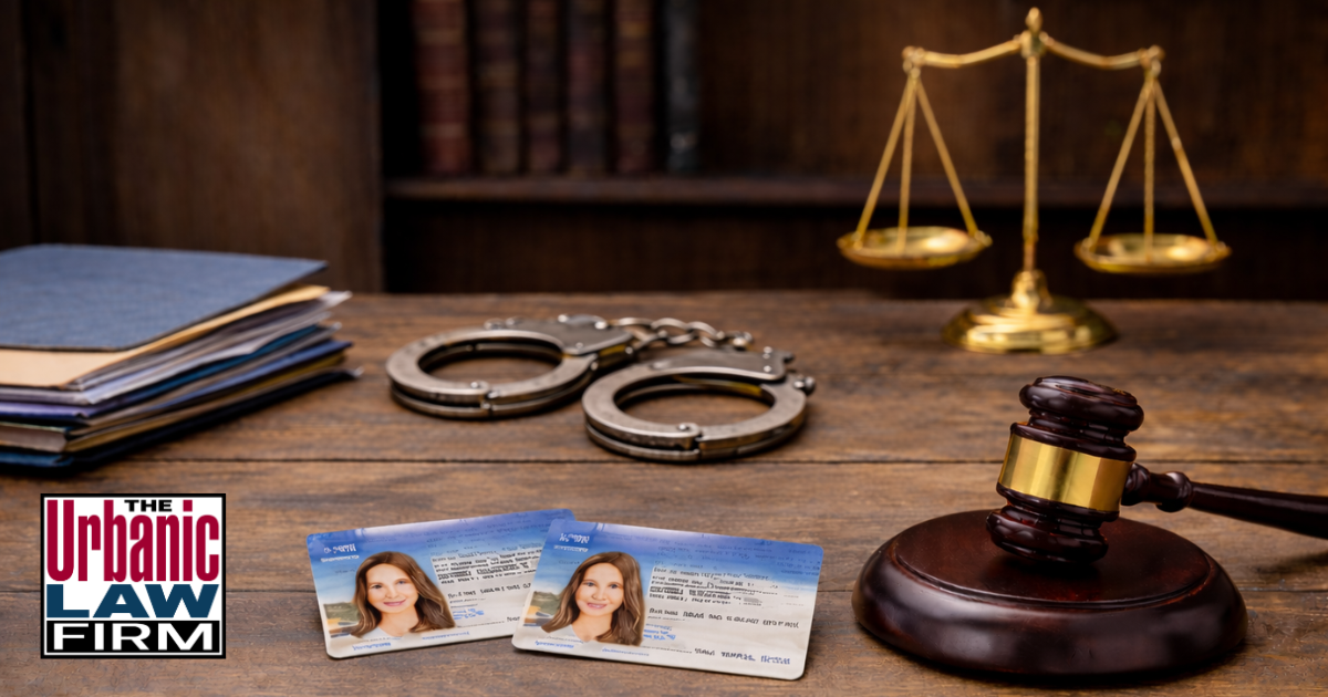 Oklahoma age of consent criminal defense image showing ID cards, handcuffs, folders, and a gavel on a table for The Urbanic Law Firm