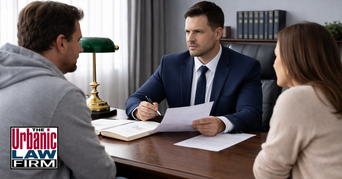 Attorney meeting with clients in a daytime office about an Oklahoma assault with intent to kill case, illustrating Oklahoma criminal defense by The Urbanic Law Firm.