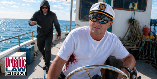 Oklahoma boat stabbing scene showing a captain on a boat on an Oklahoma lake as a man approaches with a knife, illustrating Oklahoma criminal defense by The Urbanic Law Firm.
