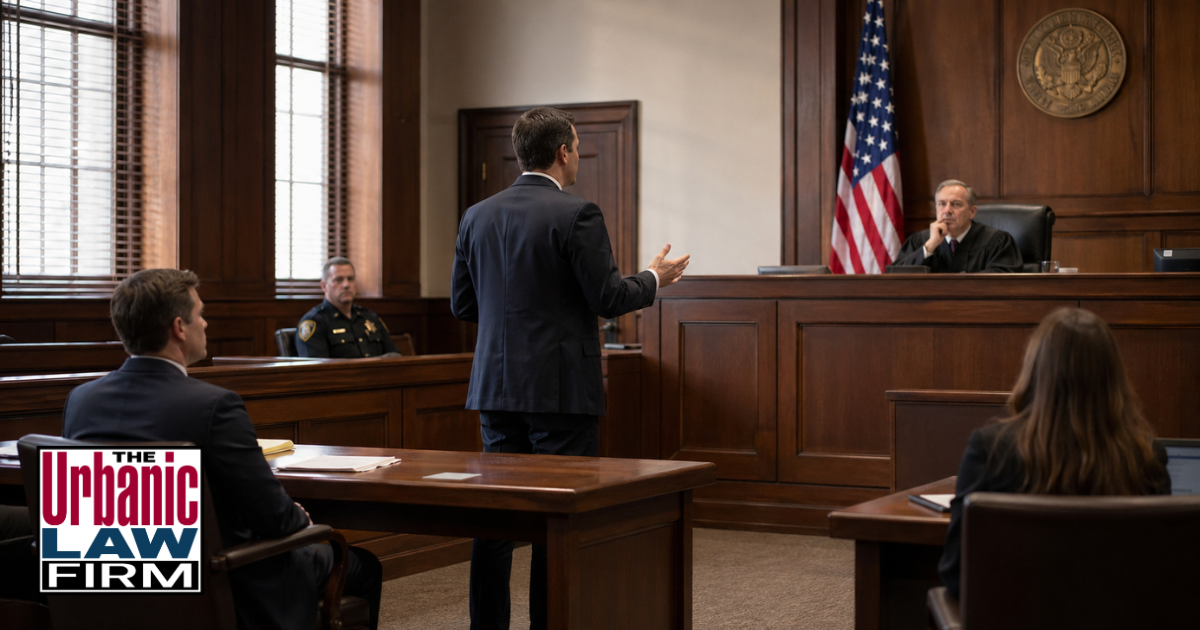 Oklahoma caretaker sexual abuse & exploitation defense scene showing a criminal defense attorney advocating for a client in court for The Urbanic Law Firm.