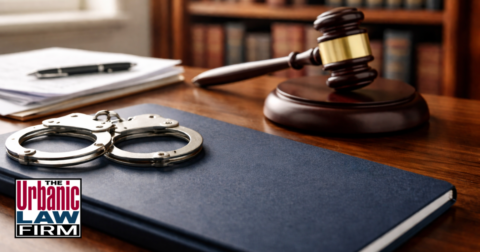 Oklahoma child neglect criminal defense scene with handcuffs, court papers, and a gavel in a law office, illustrating The Urbanic Law Firm’s Oklahoma criminal defense representation.