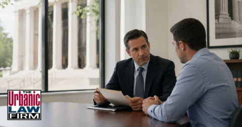 Oklahoma child pornography distribution criminal defense consultation with The Urbanic Law Firm showing an attorney reviewing legal documents with a client in a daytime office near a courthouse.