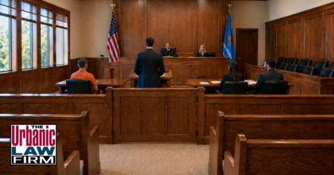 Oklahoma child prostitution defense courtroom scene showing a criminal defense attorney representing a defendant in an Oklahoma courtroom for The Urbanic Law Firm.