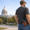 Man with a holstered pistol standing outdoors in Oklahoma near the State Capitol, illustrating Oklahoma constitutional carry and Oklahoma criminal defense by The Urbanic Law Firm.