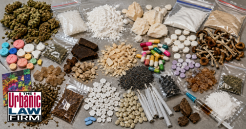 Variety of controlled substances arranged on a neutral background for an Oklahoma controlled substance schedules criminal defense article by The Urbanic Law Firm.