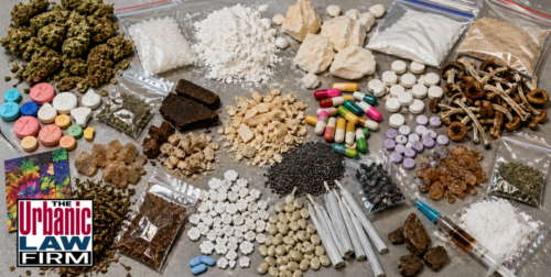 Variety of controlled substances arranged on a neutral background for an Oklahoma controlled substance schedules criminal defense article by The Urbanic Law Firm.