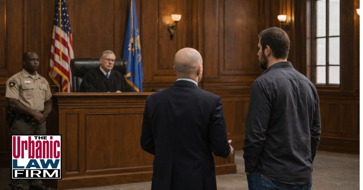 Daytime courtroom scene with judge, deputy, attorney, and defendant, illustrating Oklahoma court officer battery assault criminal defense by The Urbanic Law Firm.