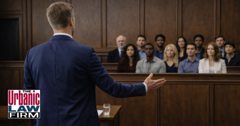 Oklahoma criminal defense attorney addressing a 12-person jury in court, illustrating domestic assault deadly weapon charges and trial defense by The Urbanic Law Firm.