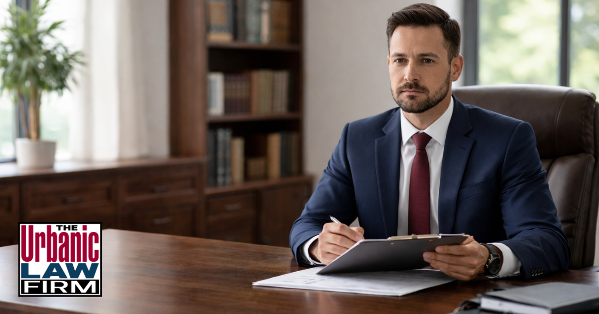 Oklahoma criminal defense attorney at The Urbanic Law Firm seated in office during a pregnant domestic abuse case consultation